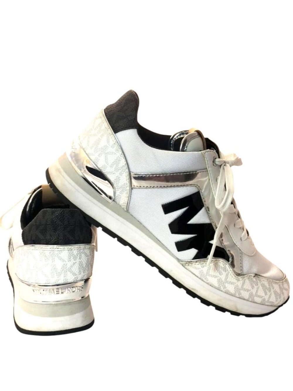 Michael Kors Maddy Two-Tone Gray & Silver Signature Logo & Mesh Trainers Size 6